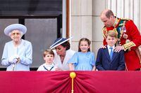 Queen Elizabeth II, Prince Louis of Cambridge, Catherine, Duchess of Cambridge, Princess Charlotte of Cambridge, Prince George of Cambridge and Prince William, Duke of Cambridge watch the RAF flypast on the balcony of Buckingham Palace.