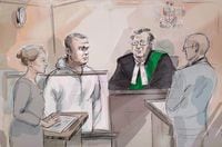 Duty counsel Georgia Koulis, left to right, Alek Minassian, Justice of the Peace Stephen Waisberg, and Crown prosecutor Joe Callaghan are shown in court in Toronto on April 24, 2018 in this courtroom sketch. A lawyer for the man behind Toronto's van attack has asked court to seal recordings of his client's interviews with an American psychiatrist, arguing that releasing them publicly may incite violence. THE CANADIAN PRESS/Alexandra Newbould