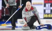 Team Northwest Territories skip Jamie Koe makes a shot during the 10th draw against team Nunavut at the Brier in Brandon, Man. Tuesday, March 5, 2019. THE CANADIAN PRESS/Jonathan Hayward