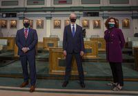 Left to right: Liberal Leader Andrew Furey, Progressive Conservative Leader Ches Crosbie and NDP Leader Alison Coffin after their televised debate from the floor of the House of Assembly, in St. John's, on Feb. 3, 2021.