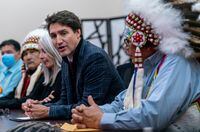 Prime Minister Justin Trudeau speaks at a meeting with Indigenous leaders at James Smith Cree Nation, Sask., Monday, Nov. 28, 2022. THE CANADIAN PRESS/Heywood Yu