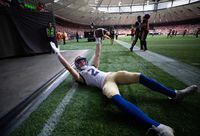 Winnipeg Blue Bombers' Greg Ellingson celebrates his touchdown reception against the B.C. Lions during the second half of CFL football game in Vancouver, on Saturday, July 9, 2022. THE CANADIAN PRESS/Darryl Dyck
