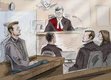 In this artist's sketch, Dellen Millard, left to right, Millard's lawyer Ravin Pillay, Justice Maureen Forestell, Crown Ken Lockhart and Crown Jill Cameron are shown during a sentencing hearing in court in Toronto on Tuesday, Dec. 18, 2018.&nbsp;Ontario's highest court has dismissed multiple murderer Dellen Millard's appeal of his conviction for killing his father. THE CANADIAN PRESS/Alexandra Newbould