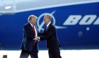 U.S. President Donald Trump and Boeing CEO Dennis Muilenburg, seen here in North Charleston, S.C. on Feb. 17, 2017, reportedly spoke about the status of 737 Max production.