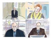 Accused in the April 2018 Toronto van attack Alex Minsassian, clockwise from top left, Justice Anne Molloy, psychologist Dr. John Bradford and defence lawyer Boris Bytensky are shown during a murder trial conducted via Zoom videoconference, in this courtroom sketch, Thursday, Nov. 26, 2020. THE CANADIAN PRESS/Alexandra Newbould