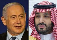 (COMBO) This combination of pictures created on November 23, 2020 shows (L to R) Israeli Prime Minister Benjamin Netanyahu giving a statement in Jerusalem on November 19, 2020; and Saudi Crown Prince Mohammed bin Salman addressing the G20 summit in Riyadh on November 22. 2020. - Israel's premier Benjamin Netanyahu was in Saudi Arabia on November 22, where he held secret talks with US Secretary of State Mike Pompeo and Crown Prince Mohammed bin Salman, Israeli media said. A diplomatic correspondent at Israel's public broadcaster Kan quoted multiple Israeli officials as saying that Netanyahu and the head of the Mossad spy agency Yossi Cohen, "flew yesterday to Saudi Arabia, and met Pompeo and MBS in the city of Neom". Netanyahu's office was not immediately available to comment on the report. (Photos by Maya Alleruzzo and Bandar AL-JALOUD / various sources / AFP) / RESTRICTED TO EDITORIAL USE - MANDATORY CREDIT "AFP PHOTO / SAUDI ROYAL PALACE / BANDAR AL-JALOUD" - NO MARKETING - NO ADVERTISING CAMPAIGNS - DISTRIBUTED AS A SERVICE TO CLIENTS (Photo by MAYA ALLERUZZO,BANDAR AL-JALOUD/Saudi Royal Palace/AFP via Getty Images)