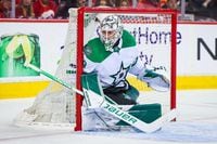 May 5, 2022; Calgary, Alberta, CAN; Dallas Stars goaltender Jake Oettinger (29) guards his net against the Calgary Flames during the second period in game two of the first round of the 2022 Stanley Cup Playoffs at Scotiabank Saddledome. Mandatory Credit: Sergei Belski-USA TODAY Sports