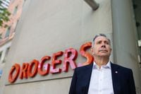 Tony Staffieri, CEO of Rogers, poses for a portrait out front of Rogers' Toronto head office on Friday October 21 2022.