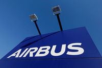 FILE PHOTO: The Airbus logo pictured at the company's headquarters in Blagnac near Toulouse, France, March 20, 2019.  REUTERS/Regis Duvignau