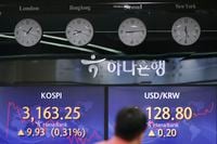 A currency trader stands near screens showing the Korea Composite Stock Price Index (KOSPI), left, and the foreign exchange rate between U.S. dollar and South Korean won at a bank's foreign exchange dealing room in Seoul, South Korea, Monday, May 17, 2021. Asian stock markets were mixed Monday after Taiwan and Singapore tightened anti-coronavirus restrictions and Wall Street turned in its biggest weekly decline in three months. (AP Photo/Lee Jin-man)