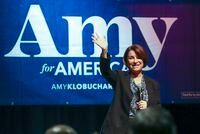 Democratic presidential candidate Sen. Amy Klobuchar waves to her supporters after speaking during a campaign rally at The Depot, in Salt Lake City, on March 2, 2020.