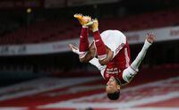 Arsenal's Pierre-Emerick Aubameyang celebrates scoring their first goal on Jan. 18, 2021.