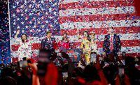 Republican Florida Governor Ron DeSantis is showered with confetti as he celebrates onstage with his wife Casey and family during his 2022 U.S. midterm elections night party in Tampa on Nov. 8.