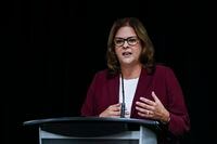 Heather Stefanson speaks at the Party Leaders Forum in Winnipeg Tuesday, Sept. 12, 2023. Manitoba Progressive Conservatives are promising more money for a planned housing development that helps homeless military veterans. THE CANADIAN PRESS/John Woods