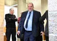 Former Parti Quebecois MNA Harold LeBel walks to the courtroom after a break at the courthouse, in Rimouski, Que., Monday, Nov. 14, 2022. THE CANADIAN PRESS/Jacques Boissinot