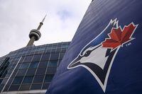 The Blue Jays logo is pictured ahead of MLB baseball action in Toronto on Wednesday, April 27, 2022. The Toronto Blue Jays agreed to terms with nine international free agents on Monday. Eight of the players are from Venezuela and one is from Brazil. THE CANADIAN PRESS/Christopher Katsarov