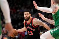 Toronto Raptors guard Fred VanVleet (23) drives the ball down court during second half NBA basketball action against the Boston Celtics, in Toronto, Monday, March 28, 2022. THE CANADIAN PRESS/Frank Gunn
