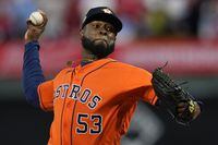 Houston Astros starting pitcher Cristian Javier throws during the first inning in Game 4 of baseball's World Series between the Houston Astros and the Philadelphia Phillies on Wednesday, Nov. 2, 2022, in Philadelphia. (AP Photo/Matt Slocum)