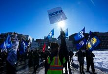 CUPE members join other unions in a rally on Parliament Hill in Ottawa on Tuesday, Jan. 31, 2023 to demand immediate passage of anti-scab legislation for companies under federal jurisdiction. THE CANADIAN PRESS/Sean Kilpatrick