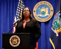 FILE- In this Aug. 6, 2020 file photo, New York State Attorney General Letitia James addresses the media during a news conference in New York. On Friday, Sept. 25, 2020, James recommended the New York Police Department get out of the business of routine traffic enforcement, a radical change that she said would prevent encounters like one the year before in the Bronx borough of New York that escalated quickly and ended with an officer fatally shooting a motorist. (AP Photo/Kathy Willens, File)