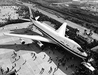 Picture of the first Boeing 747 rolled out of the Boeing company's plant in the State of Washington in September 1968. On September 30, 1968, the first 747 was rolled out of the Everett assembly building before the world's press and representatives of the 26 airlines that had ordered the plane, and first flight took place on February 09, 1969. The Boeing 747, called also "Jumbo Jet", entered service on January 21, 1970, on Pan Am's New York�London route. (Photo credit should read -/AFP via Getty Images)