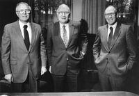 The Irving brothers, from left, John, James and Arthur, are seen in a photo from Nov. 7, 1987. Brunswick business magnate John E. (Jack) Irving (left) has died in Saint John at 78 years of age following a brief illness. THE CANADIAN PRESS/Scott Perry