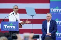 Former U.S. President Barack Obama speaks during a campaign rally for Virginia Democratic gubernatorial candidate Terry McAuliffe in Richmond, Virginia, U.S. October 23, 2021. REUTERS/Kevin Lamarque