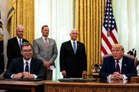 President of Serbia Aleksandar Vucic and U.S. President Donald Trump attend a signing ceremony and meeting in the Oval Office of the White House on September 4, 2020 in Washington, DC.