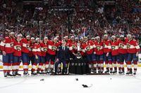 The Florida Panthers pose with the Prince of Wales trophy after winning Game 4 of the NHL hockey Stanley Cup Eastern Conference finals against the Carolina Hurricanes, Wednesday, May 24, 2023, in Sunrise, Fla. (AP Photo/Wilfredo Lee)
