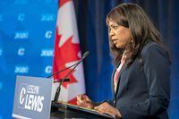 Conservative Party of Canada leadership candidate Leslyn Lewis makes her opening statement at the start of the French leadership debate in Toronto on June 17, 2020.