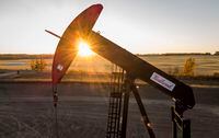 A pumpjack draws out oil and gas from a well head as the sun sets near Calgary, Alta., Sunday, Oct. 9.