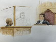 Yannick Bandaogo appears in court before Justice Geoffrey Gaulin in New Westminster, B.C. on Monday, May 29, 2023 in this artist's sketch. A man who stabbed numerous people in and around the Lynn Valley Library in North Vancouver two years ago has pleaded guilty. Bandaogo pleaded guilty in a New Westminster, B.C., court to second-degree murder, several charges of attempted murder and one count of aggravated assault. THE CANADIAN PRESS/Jane Wolsak