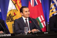 Manitoba Premier Wab Kinew looks on during a press conference at the meeting of the Council of the Federation in Halifax, Monday, Nov. 6, 2023. THE CANADIAN PRESS/Kelly Clark
