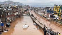 A view of flood waters in Sanliurfa, southeastern Turkey on March 15, 2023. - Flash floods killed at least 10 people living in tents and containers set up across Turkey's quake-hit southeast on March 15, 2023, according to media reports, with at least five people killed and another five missing in Adiyaman and Sanliurfa. (Photo by AFP) (Photo by -/AFP via Getty Images)