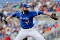 Toronto Blue Jays' Matt Shoemaker delivers a pitch during the first inning of a spring training baseball game against the Pittsburgh Pirates Monday, March 2, 2020, in Dunedin, Fla. (AP Photo/Frank Franklin II)