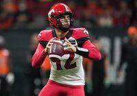 Calgary Stampeders quarterback Jake Maier looks to pass during the first half of CFL football game against the B.C. Lions in Vancouver on September 24, 2022. The Stampeders host the Toronto Argonauts on Saturday. THE CANADIAN PRESS/Darryl Dyck