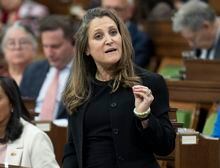 Deputy Prime Minister and Finance Minister Chrystia Freeland rises during Question Period, in Ottawa, Monday, May 8, 2023. THE CANADIAN PRESS/Adrian Wyld