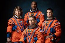 NASA Astronauts Christina Koch, Victor Glover, Reid Wiseman and Canadian Space Agency Astronaut Jeremy Hansen, the four-member team chosen for the Artemis II lunar flyby, pose wearing flight suits in Houston, Texas, U.S. March 30, 2023. NASA Johnson Space Center/Josh Valcarcel/Handout via REUTERS MANDATORY CREDIT. THIS IMAGE HAS BEEN SUPPLIED BY A THIRD PARTY. NO COMMERCIAL OR BOOK SALES