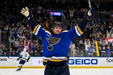 Mar 28, 2023; St. Louis, Missouri, USA;  St. Louis Blues left wing Jakub Vrana (15) reacts after scoring the game winning goal against the Vancouver Canucks during overtime at Enterprise Center. Mandatory Credit: Jeff Curry-USA TODAY Sports