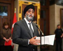 International Development Minister Harjit Sajjan addresses media on Parliament Hill in Ottawa on Monday, March 27, 2023. The minister responsible for the Pacific Economic Development Agency of Canada has announced the federal government is giving nearly $6 million for Indigenous communities in British Columbia to develop clean energy projects. THE CANADIAN PRESS/Sean Kilpatrick