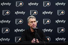 FILE - Philadelphia Flyers General Manager Chuck Fletcher pauses while speaking during a news conference at the team's NHL hockey practice facility in Voorhees, N.J., on Tuesday, Nov. 30, 2021. The Philadelphia Flyers have fired general manager Chuck Fletcher and promoted former franchise great Danny Briere to the interim job, according to a person familiar with the decision. The person spoke to The Associated Press on Friday, March 10, 2023, because the move had not officially been announced. (AP Photo/Matt Slocum, File)