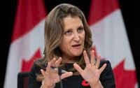 Deputy Prime Minister and Minister of Finance Chrystia Freeland speaks during a news conference, Tuesday, November 7, 2023 in Ottawa.  THE CANADIAN PRESS/Adrian Wyld