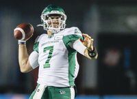Saskatchewan Roughriders quarterback Cody Fajardo throws the ball during first half CFL football action against the Calgary Stampeders in Calgary, Saturday, Oct. 23, 2021.THE CANADIAN PRESS/Jeff McIntosh
