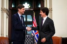 Prime Minister Justin Trudeau meets with with the Premier of British Columbia, David Eby in his office on Parliament Hill in Ottawa on Wednesday, Feb. 1, 2023. THE CANADIAN PRESS/Sean Kilpatrick