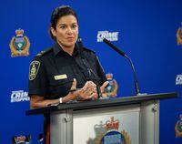 Const. Dani McKinnon, Winnipeg Police Service's public information officer, speaks to the media on Sept. 2, 2021, at Public Information Office in Winnipeg. A 15-year-old boy has been arrested and a Canada-wide warrant issued for another teen in the death of an Indigenous woman that police say was connected to a spree of assaults in Winnipeg earlier this week. THE CANADIAN PRESS/David Lipnowski