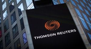 The Thomson Reuters logo is seen on the company building in Times Square, New York October 29, 2013.