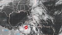 In an image provided by National Hurricane Center, a graphic shows tropical storm Zeta on Sunday, Oct. 25, 2020. The National Hurricane Center said in an advisory on Sunday that Zeta “could be at or just below hurricane strength” when it hits the Gulf Coast on Wednesday.