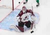 Colorado Avalanche goaltender Michael Hutchinson makes the save against the Dallas Stars on Sept. 2, 2020. The Avalanche beat the Stars 4-1 in Game 6.