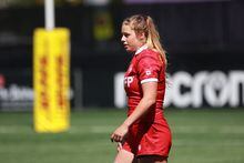 Team Canada’s Sophie de Goede walks off the field at the end of the 1st half against Team Italy during first half test match rugby action at Starlight Stadium in Langford, B.C., on Sunday, July 24, 2022. De Goede and hooker Emily Tuttosi, both named to World Rugby's 15s Dream Team of the Year in 2022. THE CANADIAN PRESS/Chad Hipolito