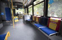 Seats which are closed to promote physical distancing are pictured on a public transit bus in North Vancouver, B.C., Tuesday, May 12, 2020. Bus service across most of B.C.'s Fraser Valley, from Abbotsford to Hope, has been halted by a strike. THE CANADIAN PRESS/Jonathan Hayward